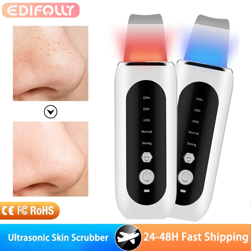 Ultrasonic Skin Scrubber 5 Modes LED Red Blue Light EMS Face Lift Blackhead Remover Acne Pore Cleaning Peeling Machine Shovel