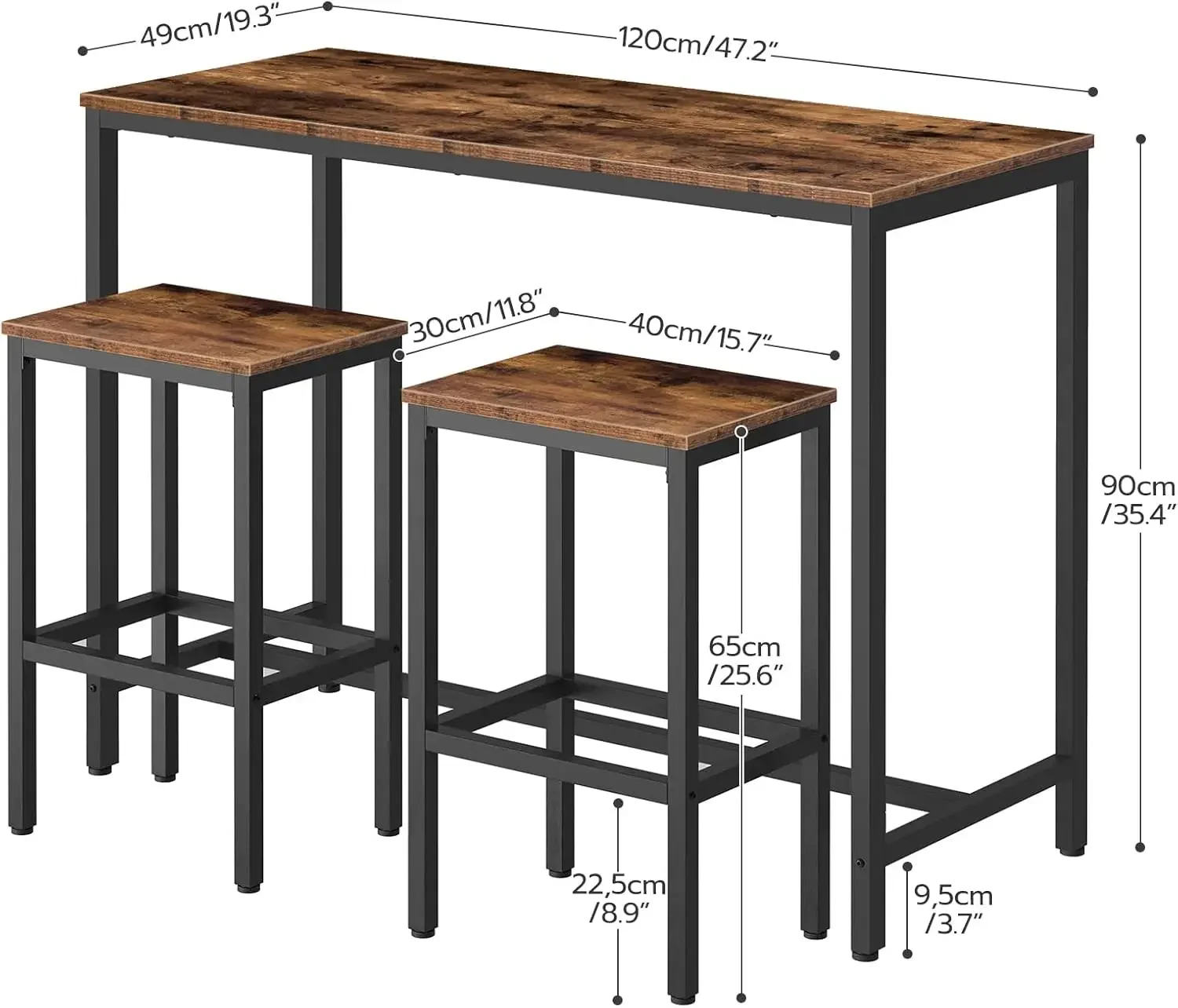 Bar Table and Chairs Set, 47.2” Rectangular Pub Table with 2 Stools for Small Space, High Top Table, 3-Piece Breakfast Table Set