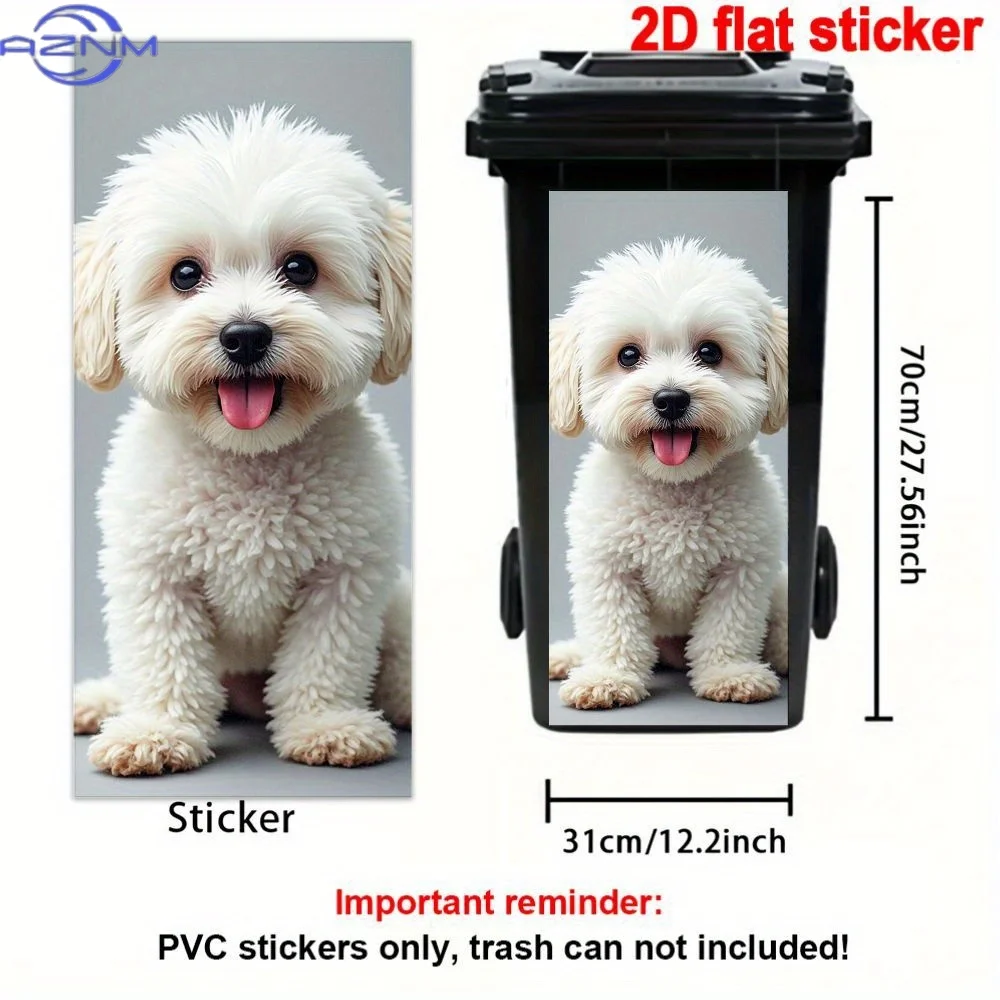 A 2D Sticker Featuring a Cute White Curly-Haired Dog for Trash Bins, Made of Waterproof PVC. It'S a Self-Adhesive Decorative S