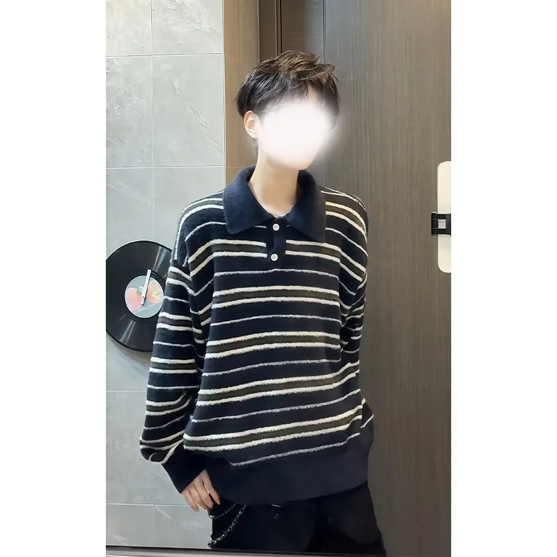 

Вязаный свитер унисекс с воротником-стойкой, осенне-зимний, в стиле ретро, с имитацией норки, в полоску, для пар