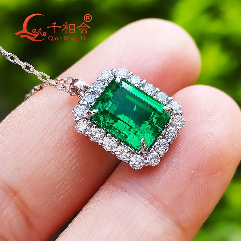 

7x9mm S925 Silver Pendant with Green lab grown Emerald Stone White Moissanite Classic Jewelry for Engagement Party Gift