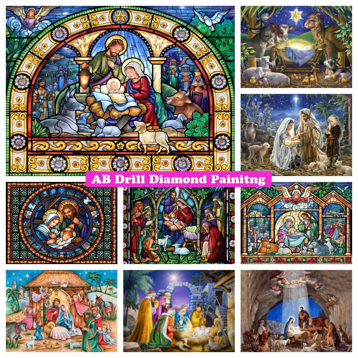 

Stained Glass Nativity 5D DIY AB Drills Diamond Painting Jesus Christ Born Holy Night Christmas Cross Stitch Mosaic Home Decor