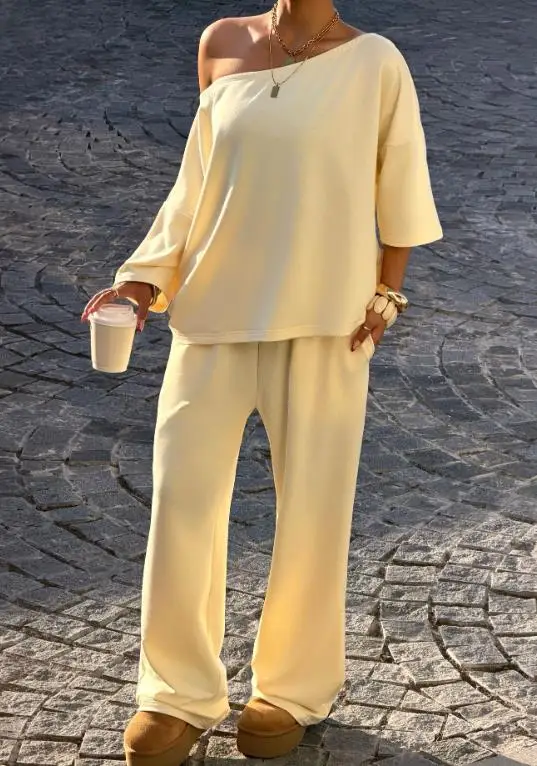 

Two Piece Set Women Outfit 2026 Spring Autumn New Slant Shoulder Long Sleeve Loose Top & High Waist Casual Wide Leg Pants Set