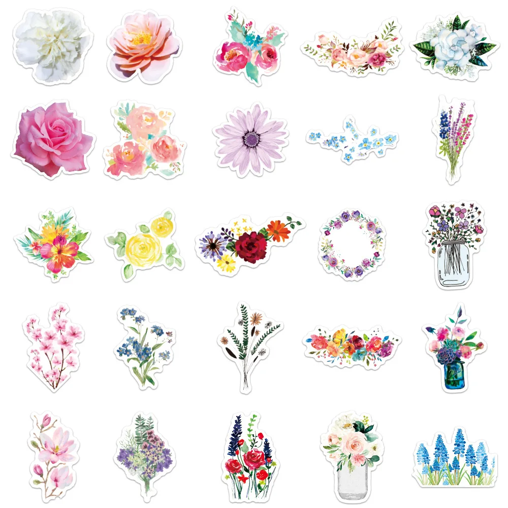 50PCS Cartoon Flowers Blooming Sticker Graffiti iPad Luggage Computer  DIY Scrapbook Wall Sticker Toy Decoration