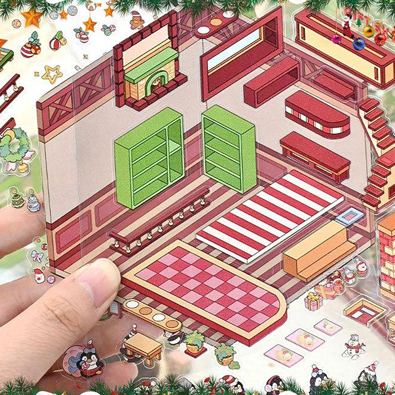 1/4Pcs 크리스마스 DIY 3D 조경 스티커 소형 장면 캐빈 스티커 장면 스태킹 붙여 넣기 귀여운 성인 어린이 선물