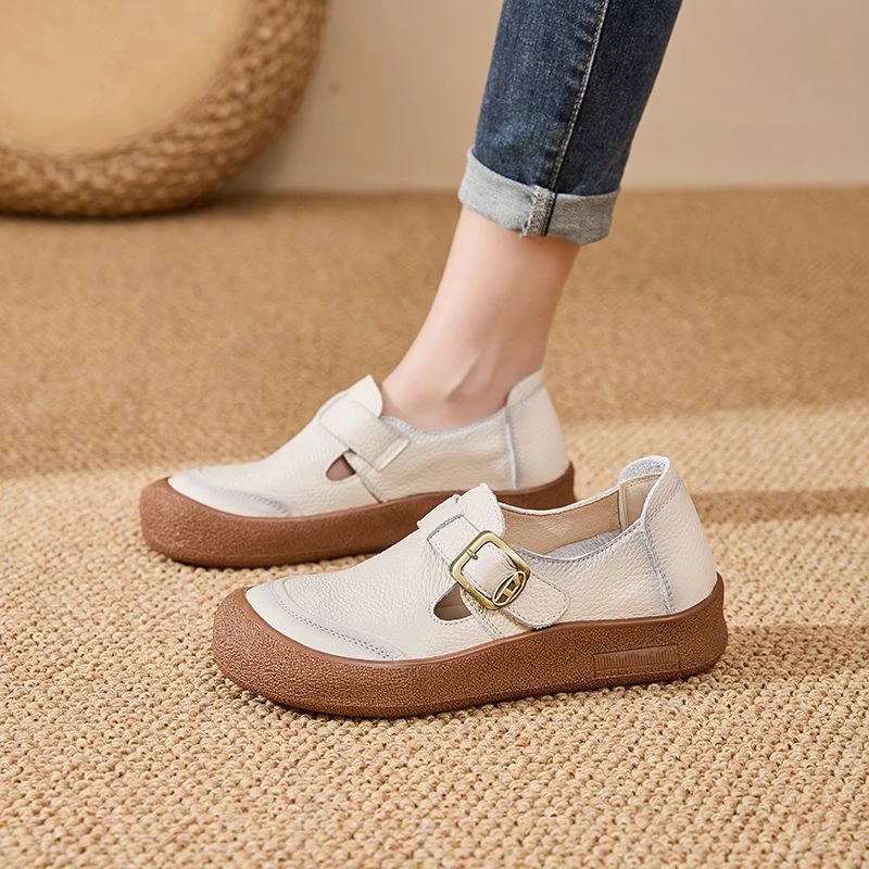 Original Natural Leather Shoes for Women Vintage Comfort Round Toe Buckl Flats Woman Slip On Orthopedic Loafers Ladies Moccasins