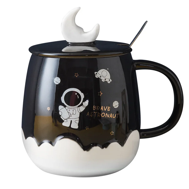 Astronauta caneca dos desenhos animados bonito astronauta garrafa de água cerâmica com lua colher cobertura grande capacidade prático feriado casal