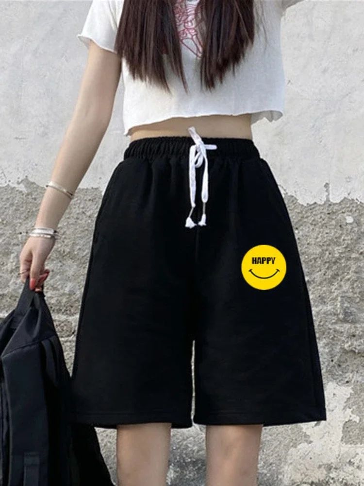 Black Women Shorts Summer 2025 High Waist Casual Printed Knee Length Pants Female
