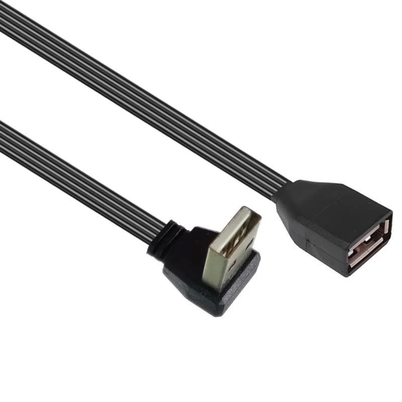 Línea datos planos USB 2.0 Cable extensión 90 grados/Cabeza recta Hombre a mujer