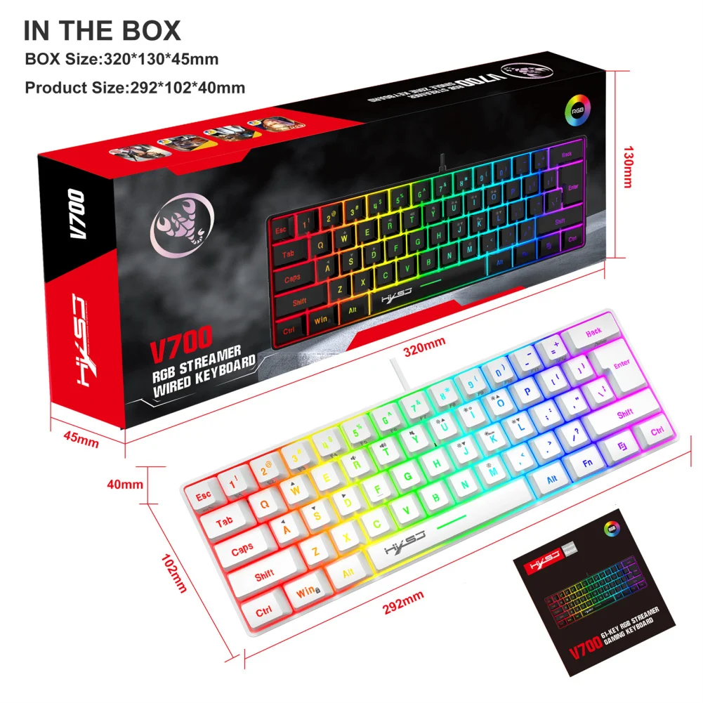 

V700 Gaming Keyboard Colorful Backlight Mechanical 61 Keys Portable Wired Office Keyboard Ultra Silence Keyboard For Laptop PC