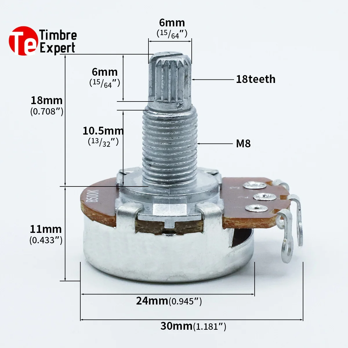 2Pcs Electric Guitar& Bass Aluminum Potentiometer A250K/ B250K/ A500K/ B500K  13/32''  Long Shaft 18mm 18-teeth