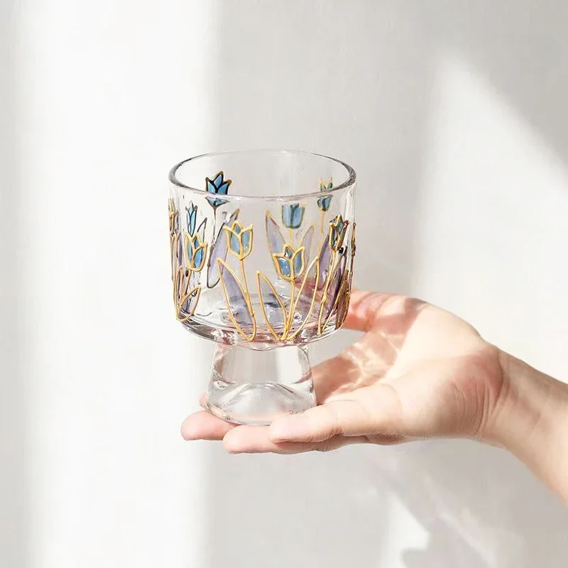 

Crystal Glass Hand Handle Cup Three-dimensional Painted Red and White Wine Drink Cup Creative Snow Mountain Tulip Coffee Glass