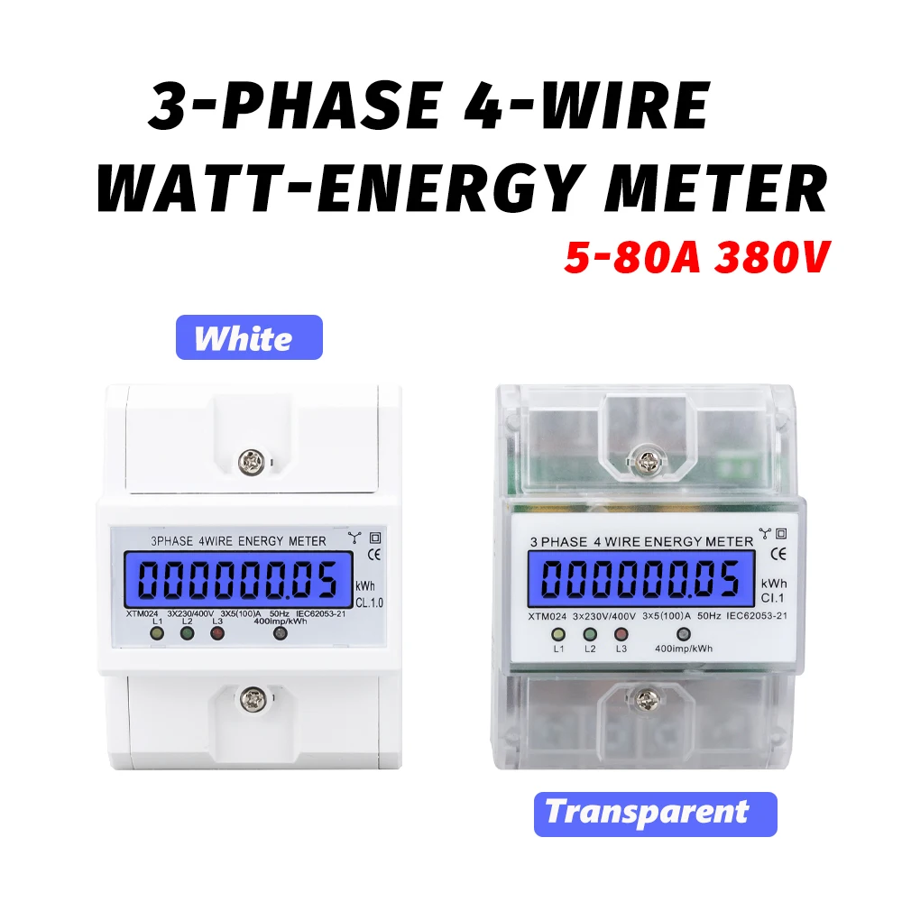 3 Phase 4 Wire 100A 380V Din Rail Electrical Watt Energy Power Meter Wattmeter kWh LCD Backlight Display