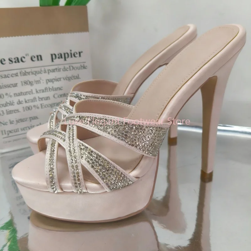 

Black Rhinestone Cross Strap Platform Mule Slippers Women Crystal Peep Toe Slip On Thin High Heels Elegant Sexy Party Dress Shoe