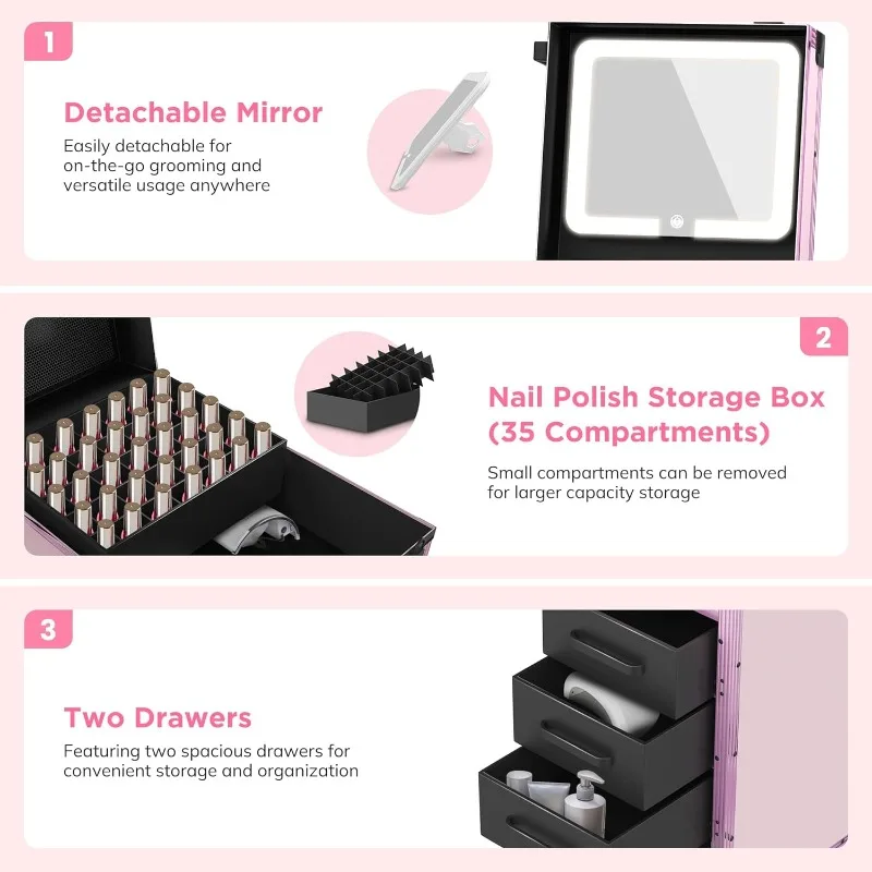 Rollende draagbare manicuretafel met 3 laden, spiegel- en nagellakorganizer, afsluitbare make-uptreinkoffer met opvouwbaar