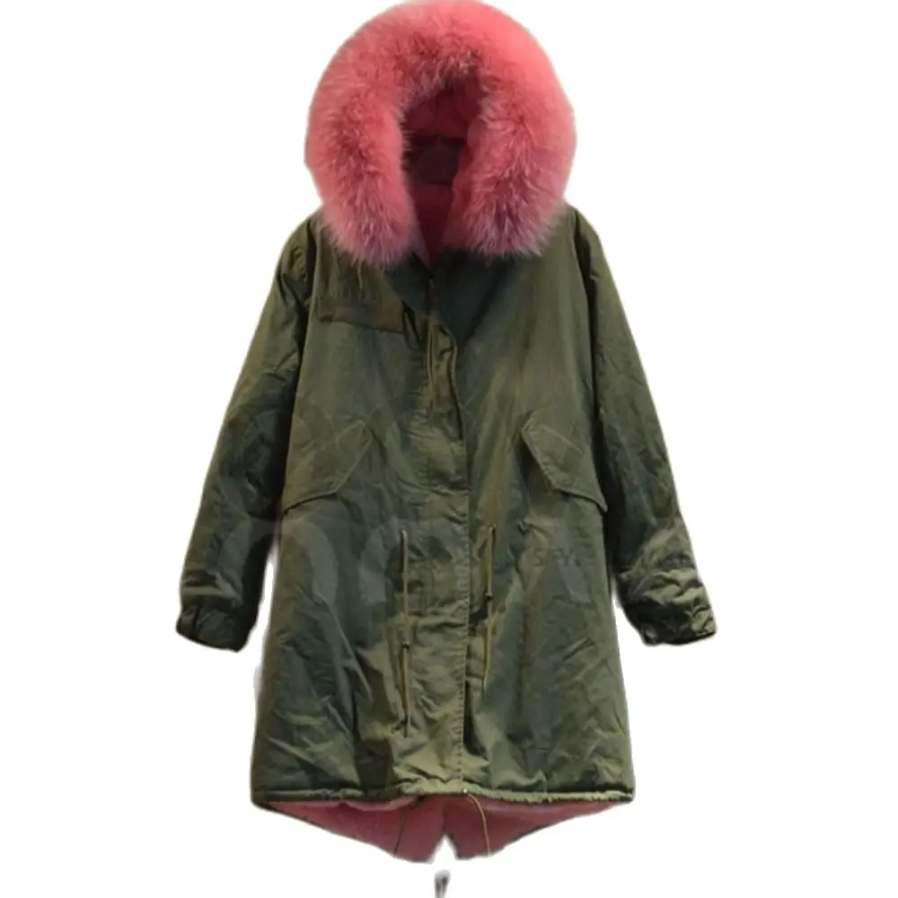 

Fashion Long Style Women Outwear Winter Pink Faux Fur Parka Big Fur Collar Coat For Female