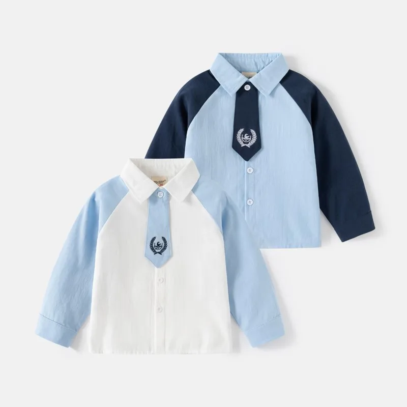 

Boys' shirt with tie Fall new 2024 Children's Academy long-sleeved shirt