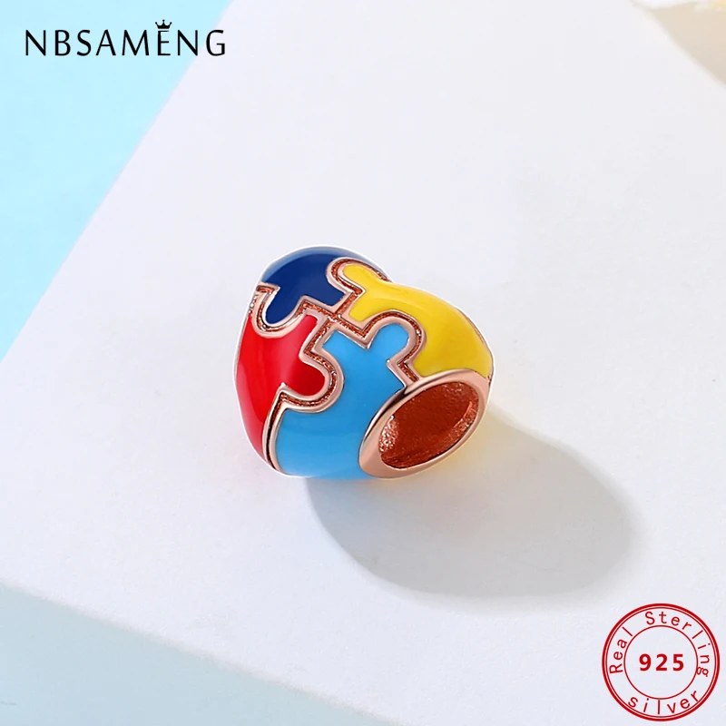 100% 925 Sterling Silver Charms Autism Awareness Puzzle Heart Beads Rose Gold Fit Pandora Bracelets Necklaces Women DIY Jewelry