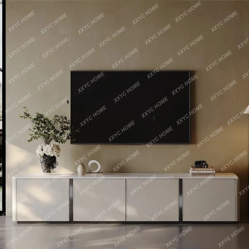 

minimalist living room saddle leather TV cabinet floor slate TV cabinet