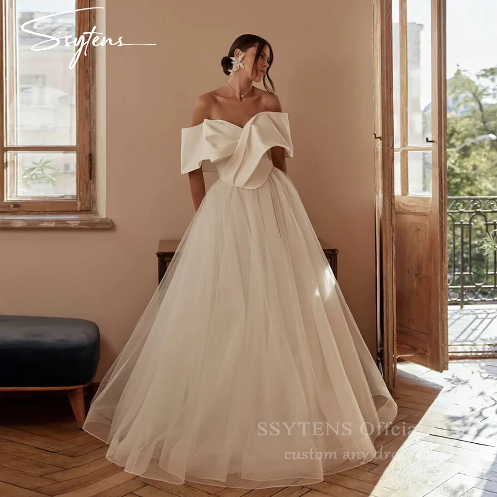 

SSYTENS Elegant Tulle Wedding Dress Off the Shoulder Vestido De Noiva Bridal Ball Gown Open Back Satin Robe Mariage Customized