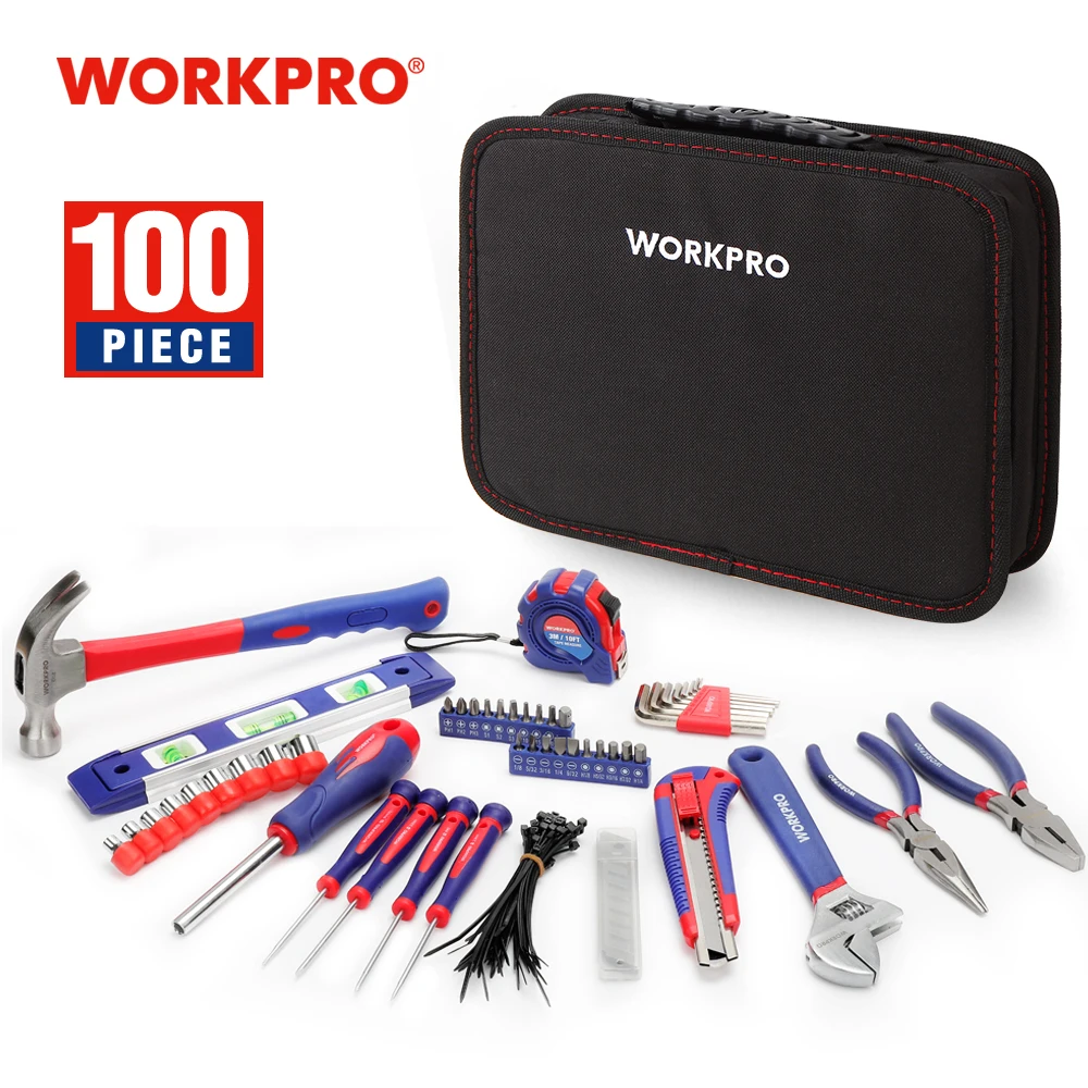 WORKPRO 100PCS Household Tool Set Kitchen Mechanic Tool Kit Pliers Screwdrivers Sockets Wrenches Hammer Knife