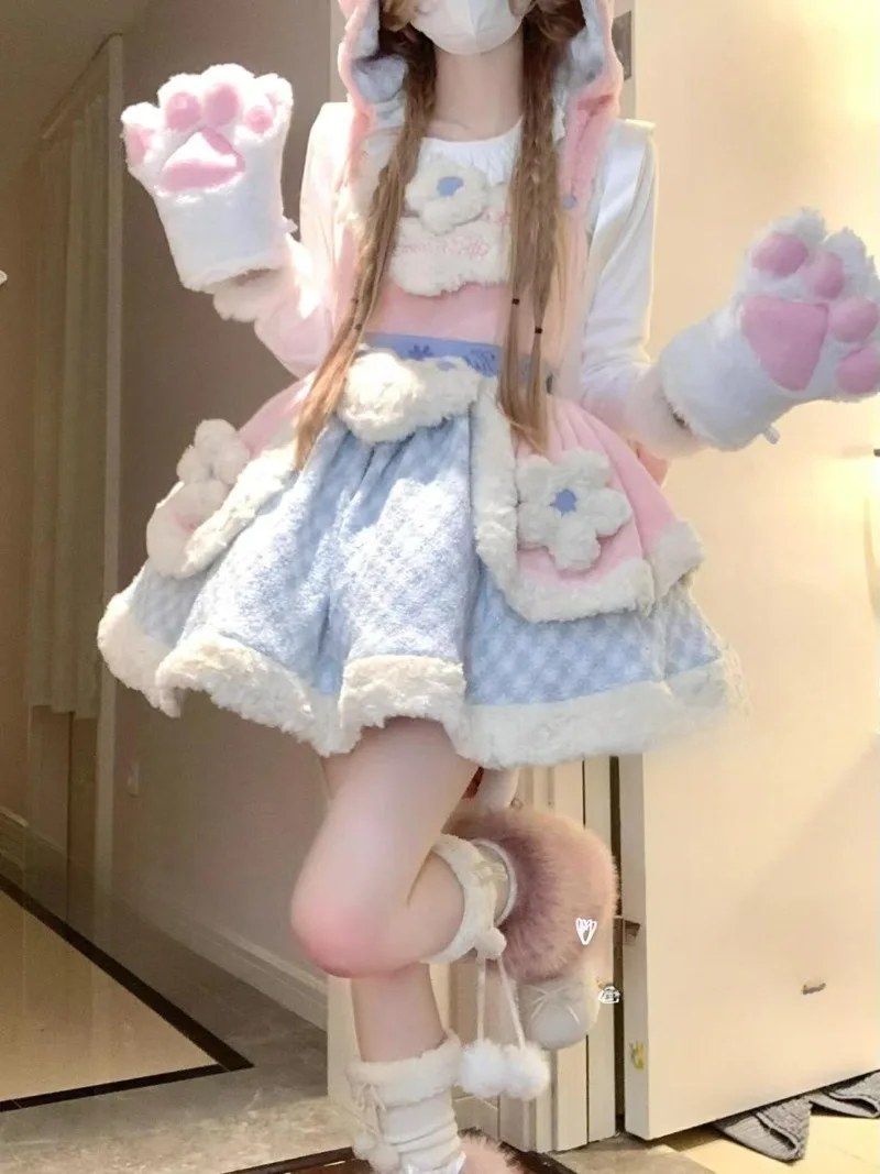 

Japanese Sweet Lolita Kawaii 2 Piece Sets Women White Bottoming Blouse + Cute Strap Skirt Christmas New Fashion Pink Suit Winter