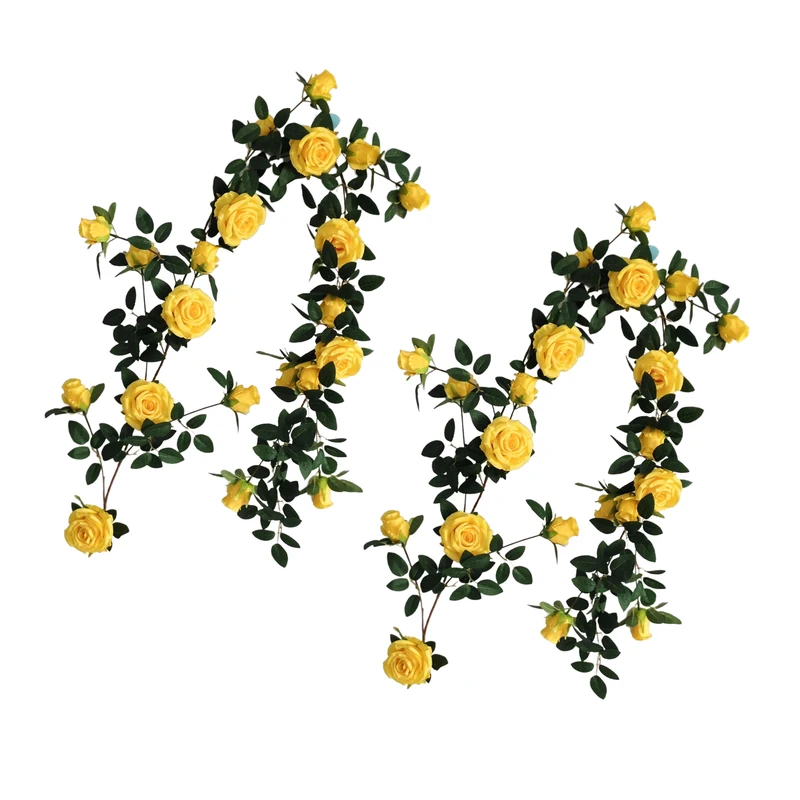 

2PCS Wedding Simulated Yellow Rose Flower Rattan for Wall Window Door Decoration Enhance Ambiance Both Indoors Outdoors