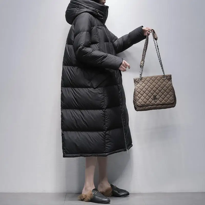 Europäische Winter Neue Damen Daunenjacke Pendeln Mit Kapuze Lange Lose Daunenjacke