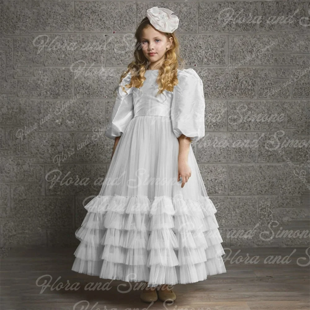 Princess Puff Sleeve Tulle Pleat A Line Wedding Party Flower Girl Dress Bow Ankle Length First Communion Dress Customized