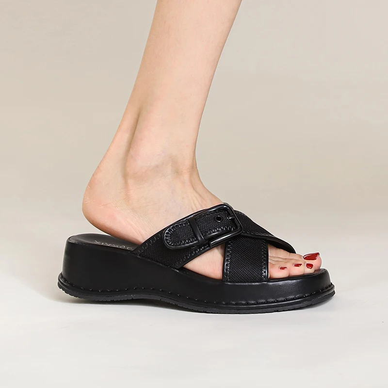 

Retro women's slippers thick sole sponge cake for comfortable casual wear, non slip square toe for outerwear sandals large size