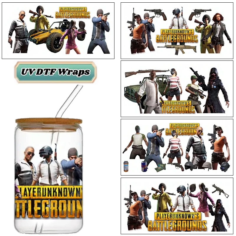 Vinilos UV DTF para Juegos Battle Royale, Pegatinas de Personajes de Juegos de Disparos para Latas de Vidrio de 16 oz, Calcomanías de Transferencia DIY Resistentes al Agua