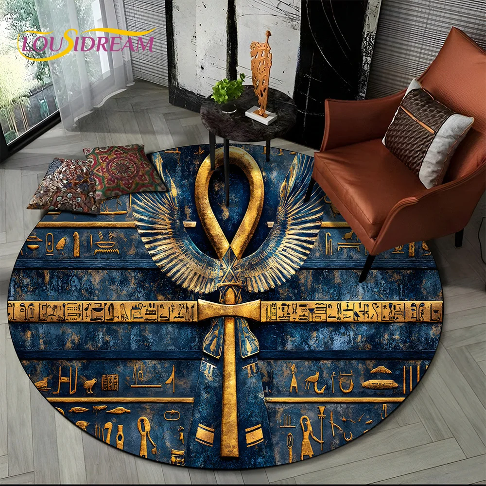 2025 New Ancient Egypt Hieroglyphic Mythology Wall Painting Glyph Round Carpet Rug for Bedroom Living Room Sofa,Decor Floor Mat