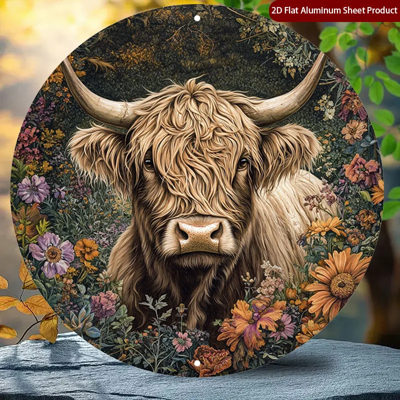 1pc Scottish Highland Cow Round Sign, Modern Round Sign, Floral Background Round Signs, Rustic Animal Art Rustic Metal Wall Art - view 5