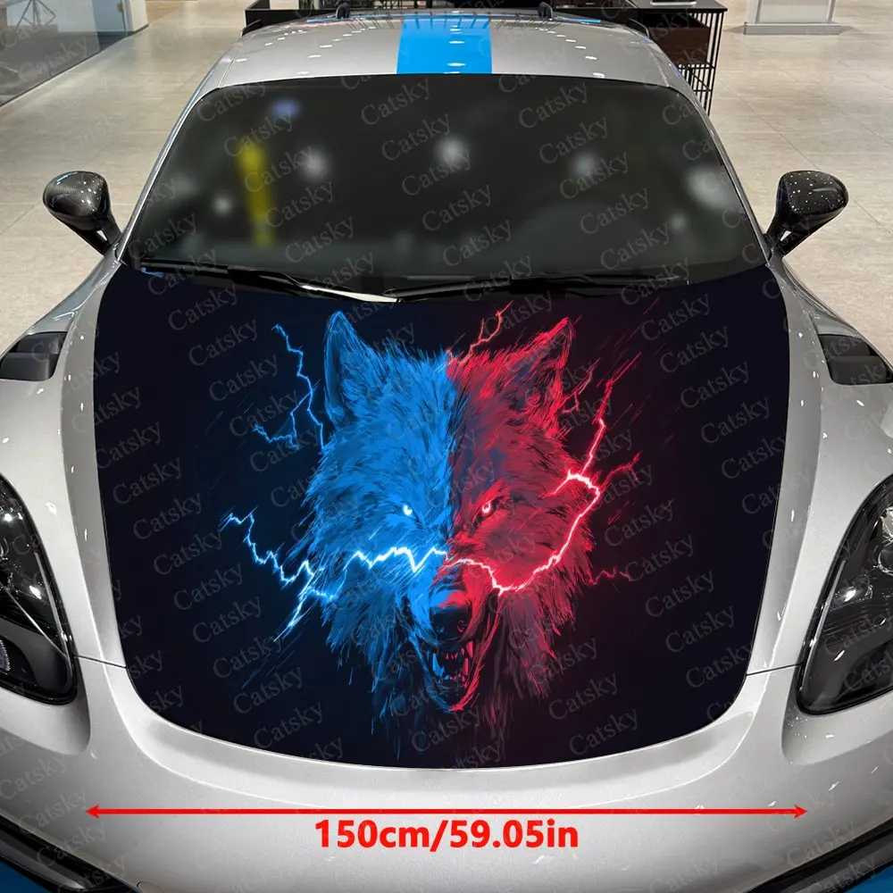 Red & Blue Lightning Wolf Car Hood Sticker,Waterproof Self-Adhesive Vinyl Graphics Decals,Decorative Auto Accessories Stickers