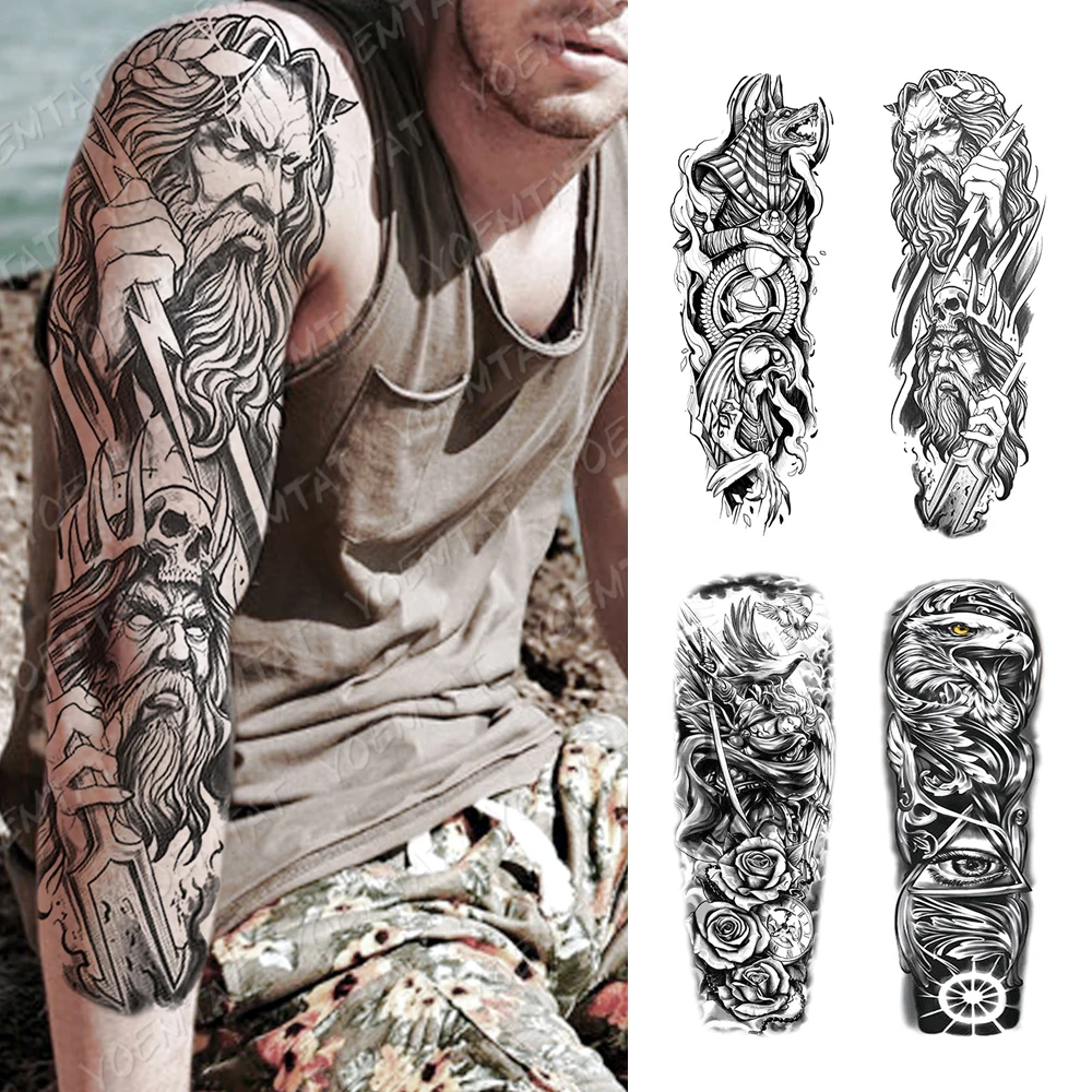 Large Full Arm Sleeve Waterproof Temporary Tattoo Sticker Anubis Egypt Time Eagle Rose Flower Fake Tatoo Body Art Men Women Leg