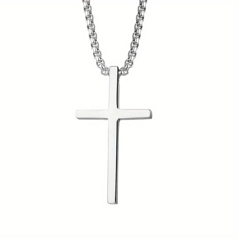 Silver Colour Titanium Steel Glossy Cross Pendant Necklace Men\'s Hip Hop Hundred Long Chain Necklace Holiday Party Accessories