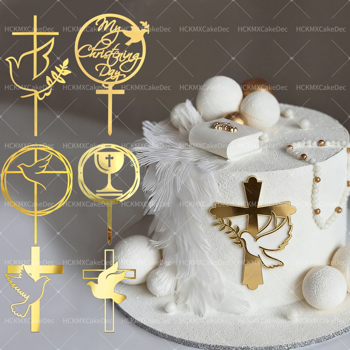 Conjunto de 3/6 Peças de Topper de Bolo em Acrílico Dourado com Cruz para Batizado, Aniversário, Comunhão, Casamento, Festa de Chá de Bebê