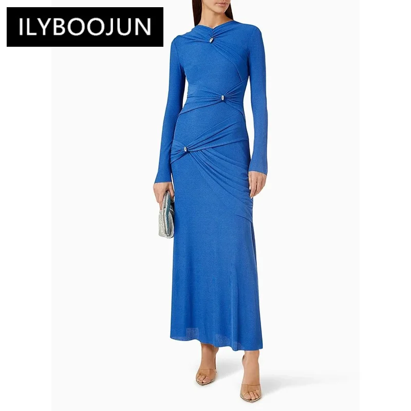 

ILYBOOJUN Solid Patchwork Folds Chic Dress For Women O Neck Long Sleeve High Waist Spliced Zipper Elegant Dresses Female New