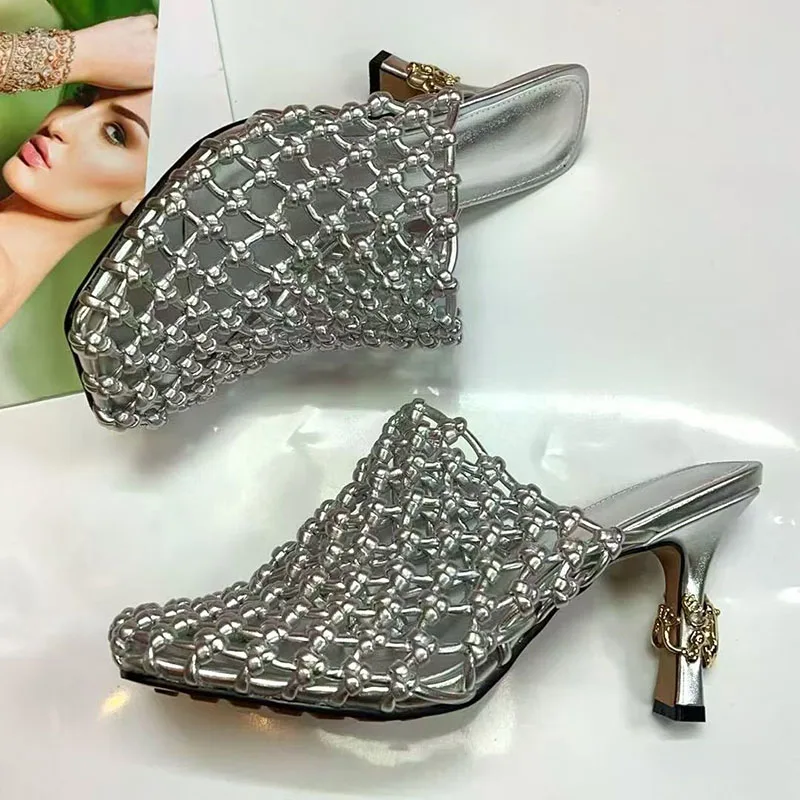 Silver Leather Hollow Sandals Woman Square Toe Strange High Heel Muller Slippers Lady Sexy Party Shoes view 4