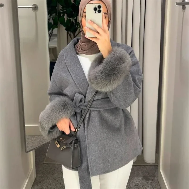 TARUXY Fox Fur Woolen Coats Women's Short Coat Office Lady Elegant Double-sided Wool Overcoat 2025 New Cardigan Jackets Loose