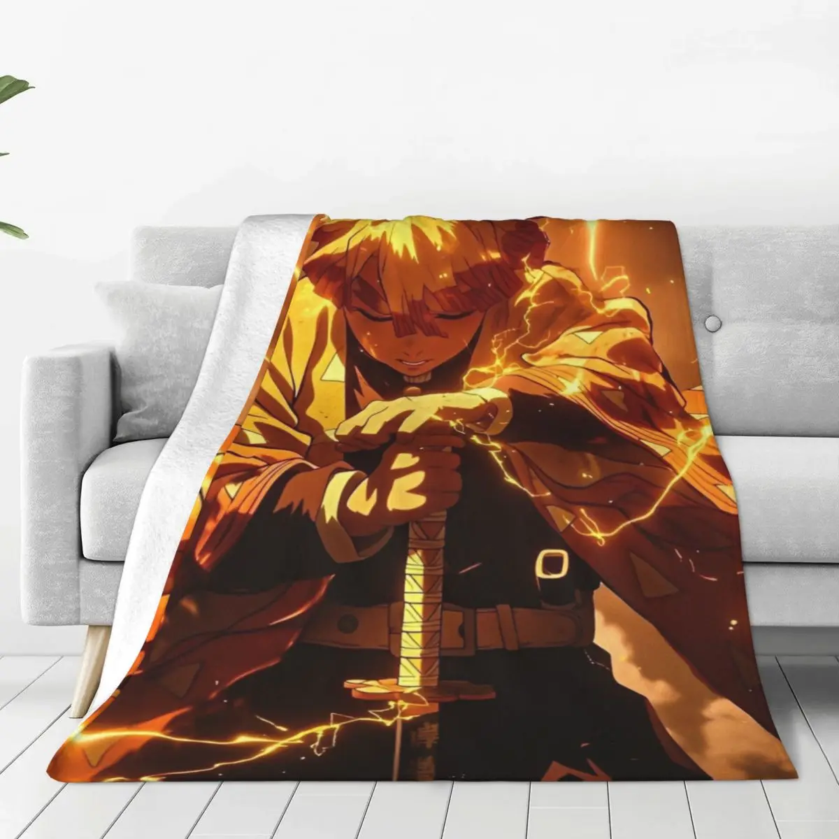 Demon Slayer Zenitsu Anime Blanket Comic Travel Flannel Bedding Throws For Outdoor Soft Custom DIY Quality Bedspread Gift Idea