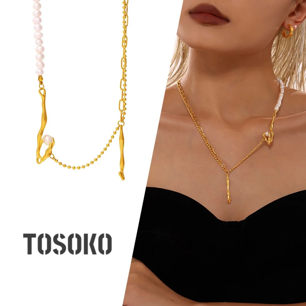 TOSOKO Alien Baroque Freshwater Pearl Necklace Stainless Steel Fashion Jewelry for Women P1939