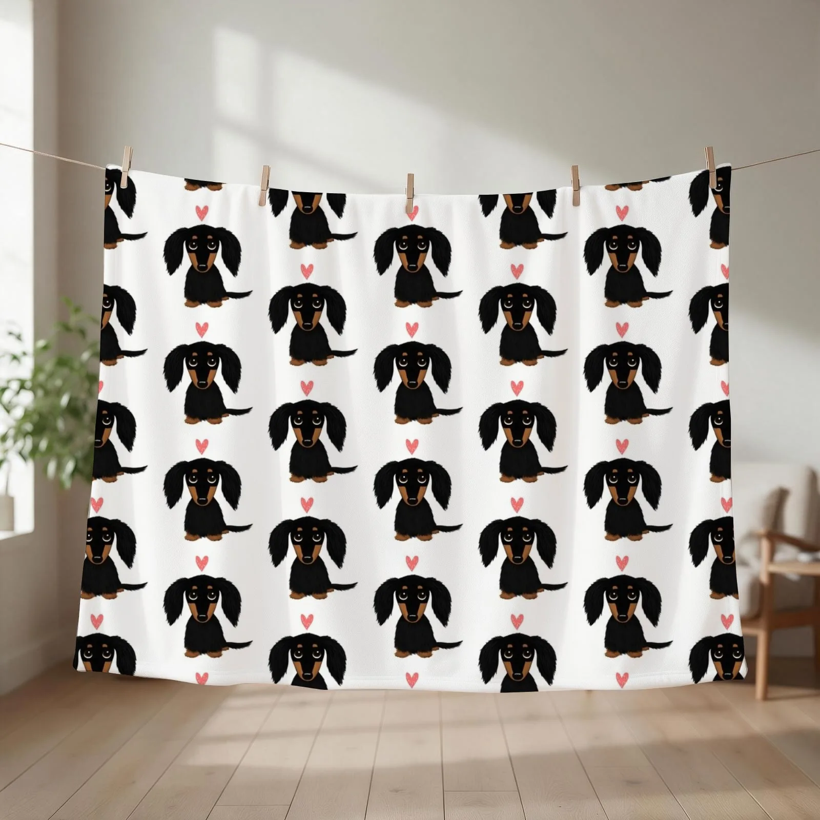 Black and Tan Longhaired Dachshund Cartoon Dog with Heart Throw Blanket couch cozy soft plush fuzzy picnic outdoor blanket