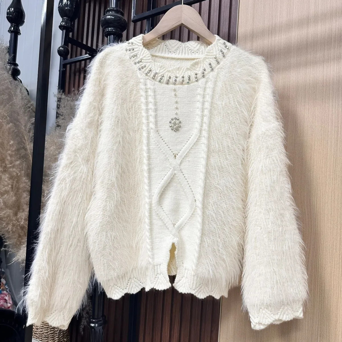 

Lazy Fluffy Soft Sweater Women Knitted Pullover Spring Autumn Long Sleeve Patchwork Chic Loose Beading Y2k Tops F517