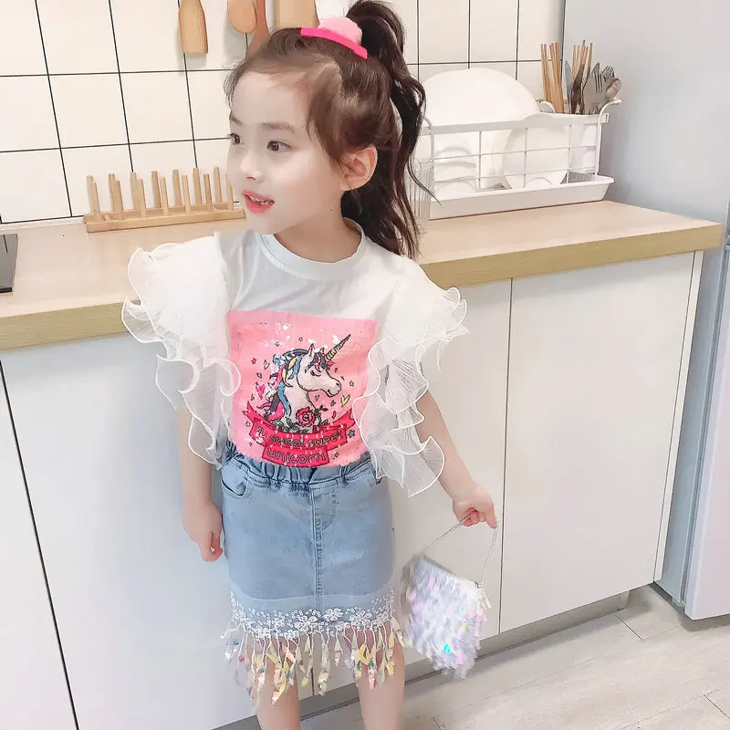 Girls' Outfit: Flutter Sleeve Unicorn Top with Tassels and Denim Skirt, New Summer Children's Clothing for Wholesale3-8Years Old