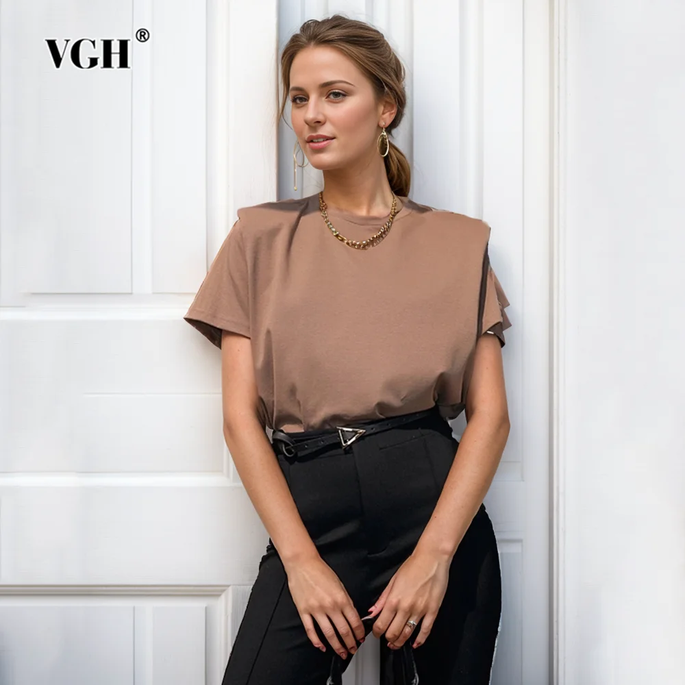 VGH Minimalist Soild T Shirts For Women Round Neck Short Sleeve Patchwork Folds Casual Loose T Shirt Female Fashion Clothing New