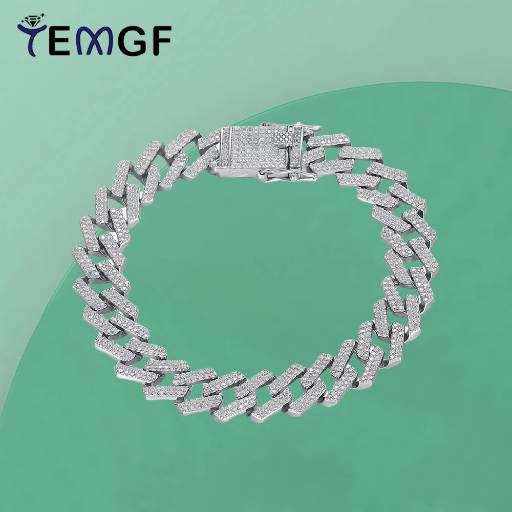 

Кубинский браслет TEMGF с полным цирконом для женщин и мужчин, 100% стерлинговое серебро 925, хип-хоп, простые вечерние ювелирные изделия, подарки на день рождения для пары