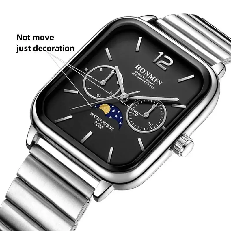 HONMIN High-end Brand Fashion Square Kasi With The Same TemperaMent Couple Moon Phase Quartz WaterProof Watch