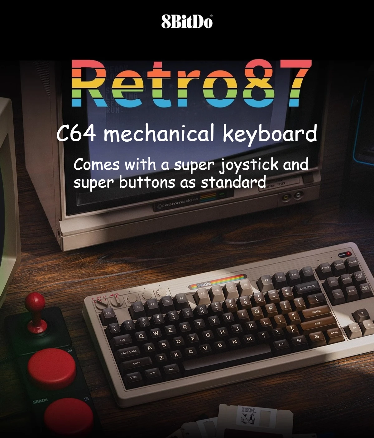 8BitDo Retro87 C64 Retro mechanische Gaming-Tastatur mit kabellosem Bluetooth-3-Modus-Verbindung, 87-Tasten-Joystick für Spiele