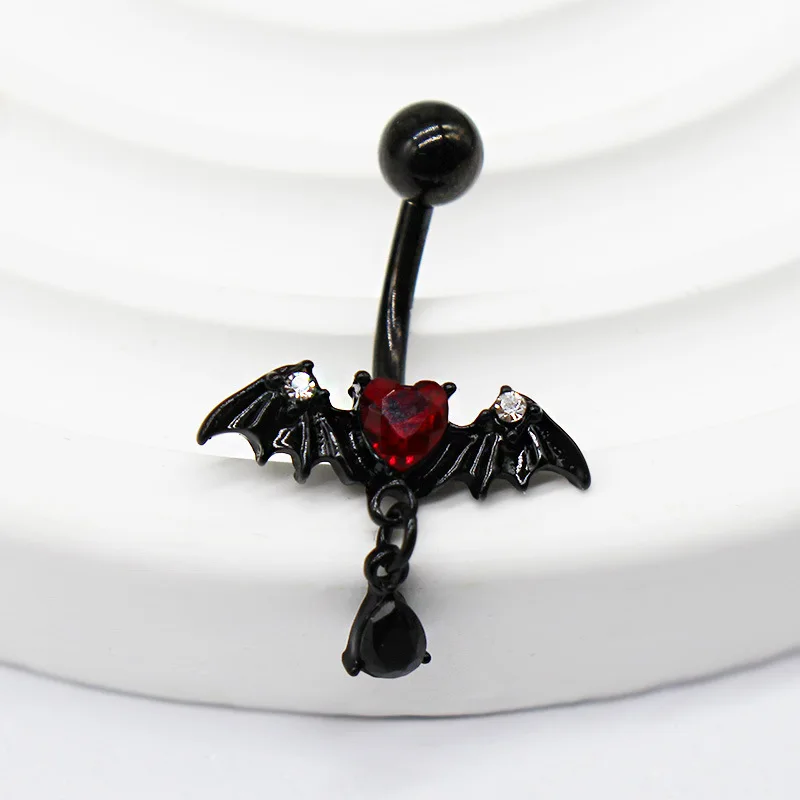 New Sweet Cool Girl Wings Heart Shaped Bellybutton Ring Chain Pink Black Brick Inlaid Navel Nail Exquisite Fashion Body Jewelry